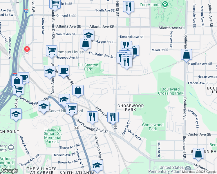 map of restaurants, bars, coffee shops, grocery stores, and more near 387 Skylar Way Southeast in Atlanta