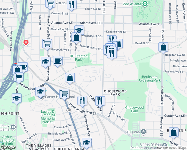 map of restaurants, bars, coffee shops, grocery stores, and more near 1195 Milton Terrace Southeast in Atlanta