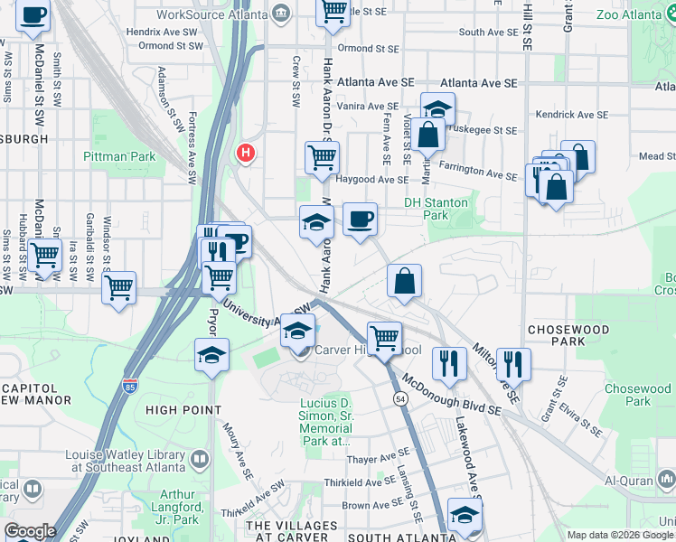 map of restaurants, bars, coffee shops, grocery stores, and more near 1184 Hank Aaron Drive Southeast in Atlanta