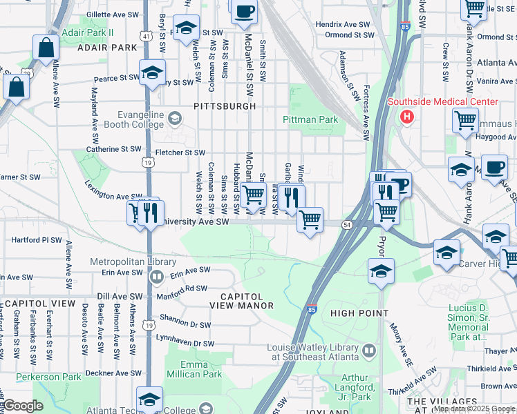 map of restaurants, bars, coffee shops, grocery stores, and more near 1164 Smith Street Southwest in Atlanta