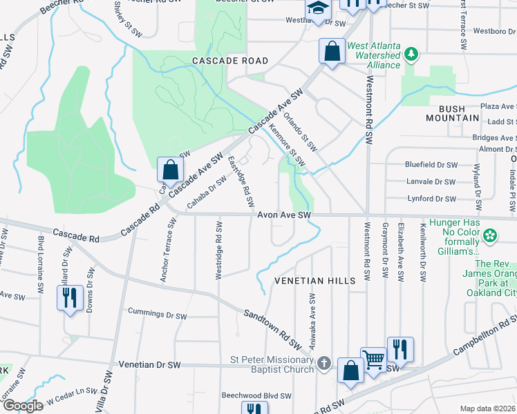 map of restaurants, bars, coffee shops, grocery stores, and more near 1195 Chatham Avenue Southwest in Atlanta