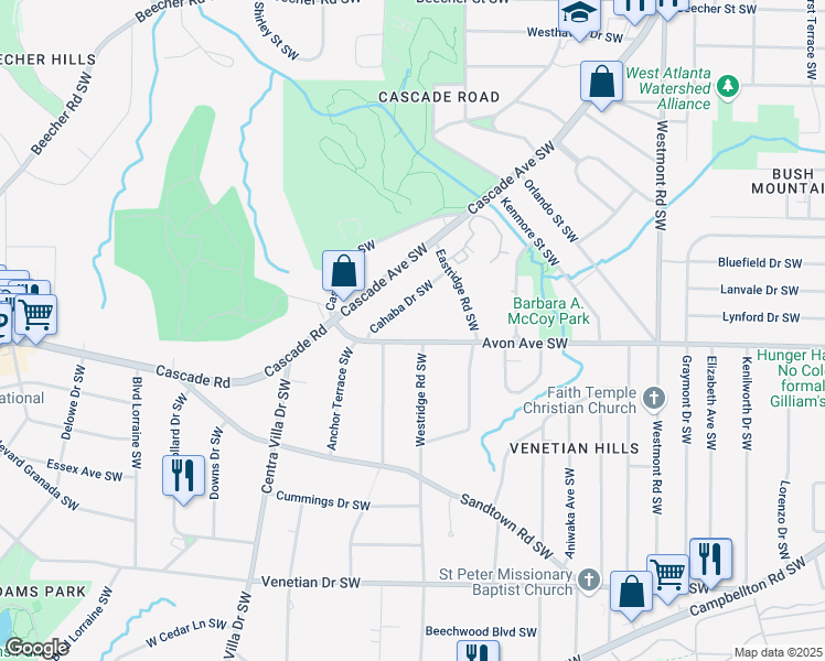 map of restaurants, bars, coffee shops, grocery stores, and more near 1819 Avon Avenue Southwest in Atlanta