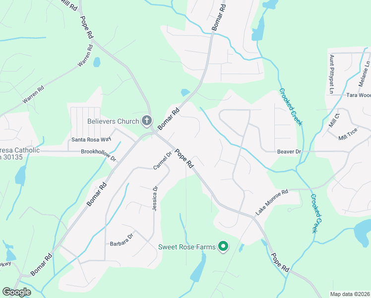 map of restaurants, bars, coffee shops, grocery stores, and more near 3048 Pope Road in Douglasville