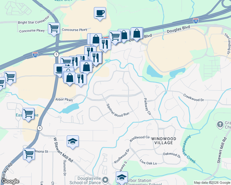 map of restaurants, bars, coffee shops, grocery stores, and more near 6978 Springwood Drive in Douglasville