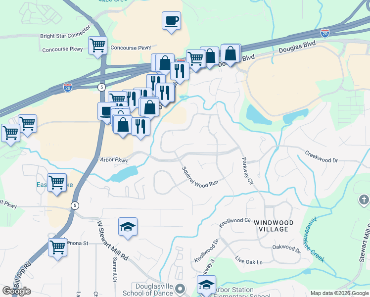 map of restaurants, bars, coffee shops, grocery stores, and more near 6974 Springwood Drive in Douglasville