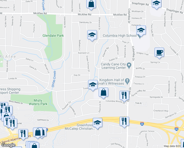 map of restaurants, bars, coffee shops, grocery stores, and more near 2258 Green Forrest Drive in Decatur
