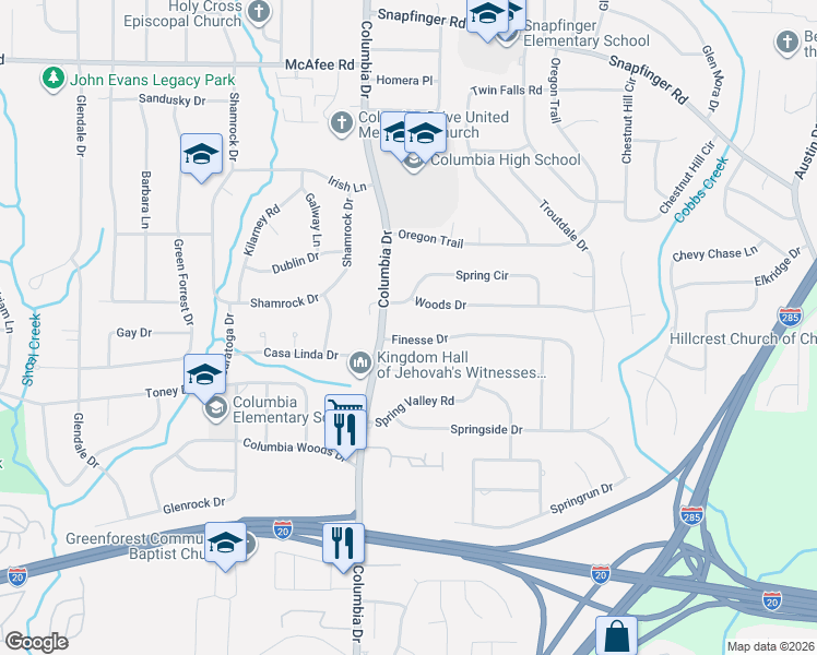 map of restaurants, bars, coffee shops, grocery stores, and more near 3406 Finesse Drive in Decatur