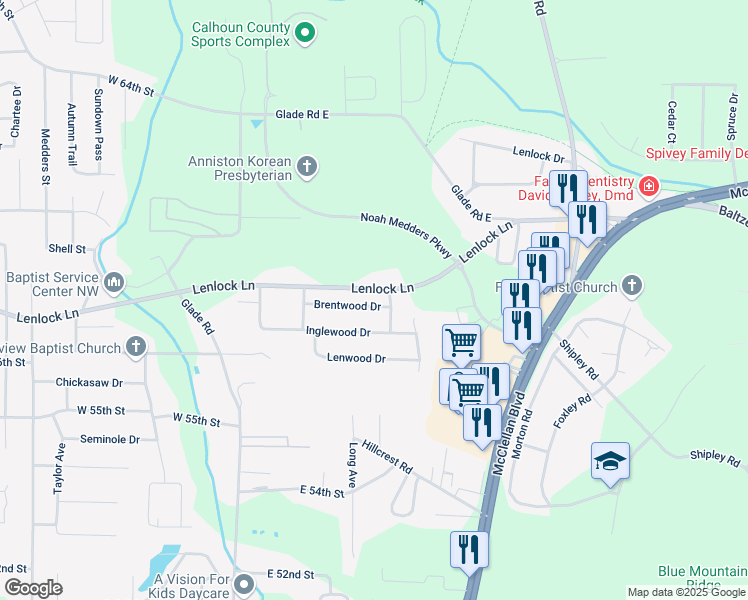 map of restaurants, bars, coffee shops, grocery stores, and more near 605 Brentwood Drive in Anniston
