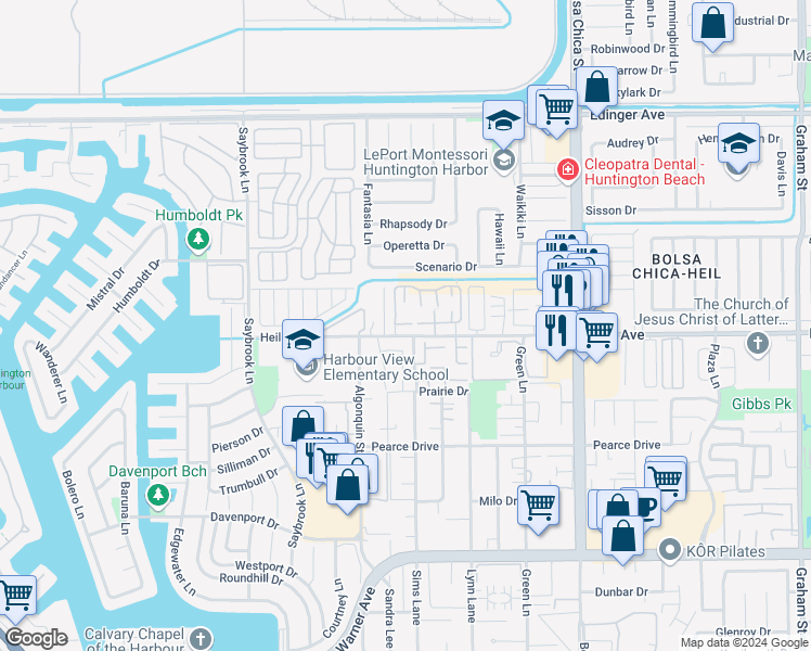 map of restaurants, bars, coffee shops, grocery stores, and more near 4612 Via Vista Circle in Huntington Beach