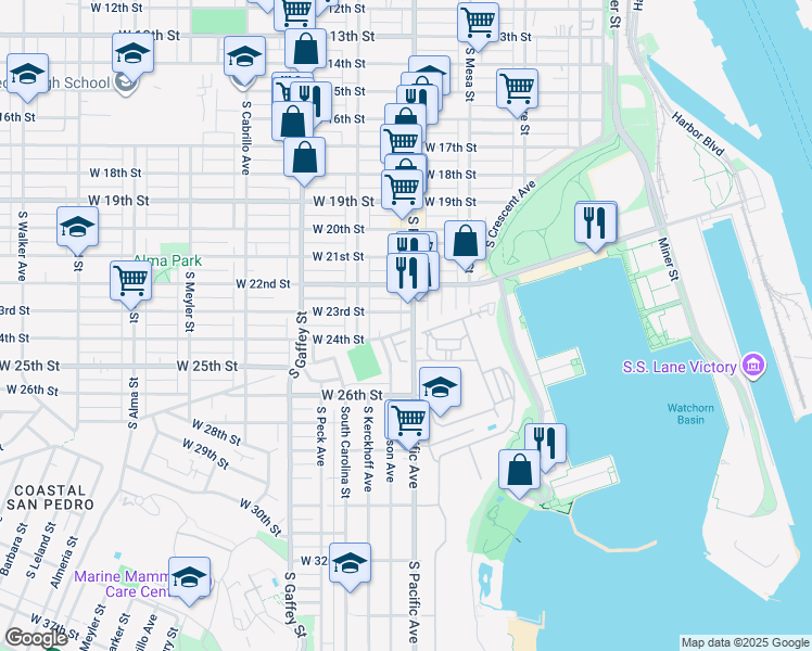 map of restaurants, bars, coffee shops, grocery stores, and more near 2317 South Pacific Avenue in Los Angeles