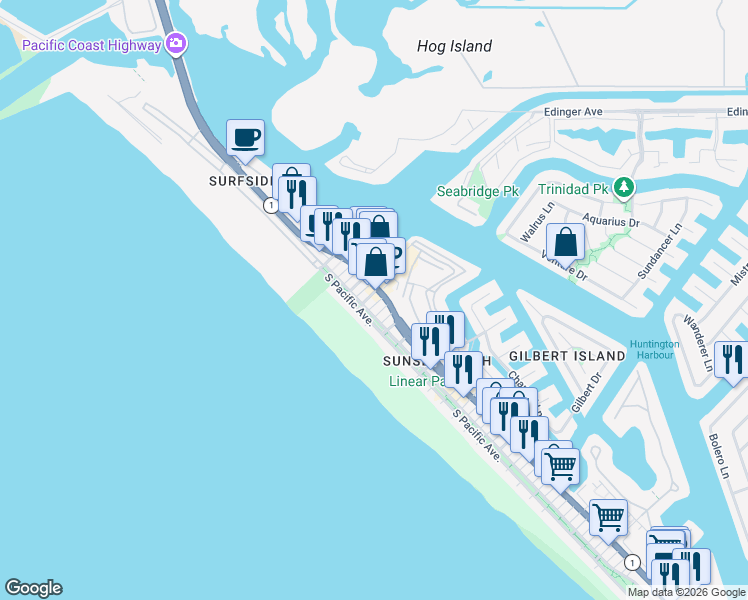 map of restaurants, bars, coffee shops, grocery stores, and more near 16471 24th Street in Huntington Beach