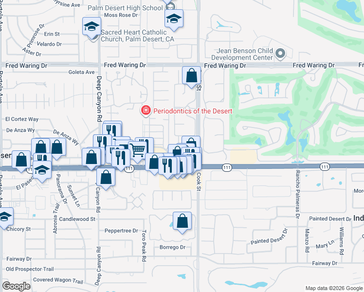 map of restaurants, bars, coffee shops, grocery stores, and more near 44350 Michigan Court in Indian Wells