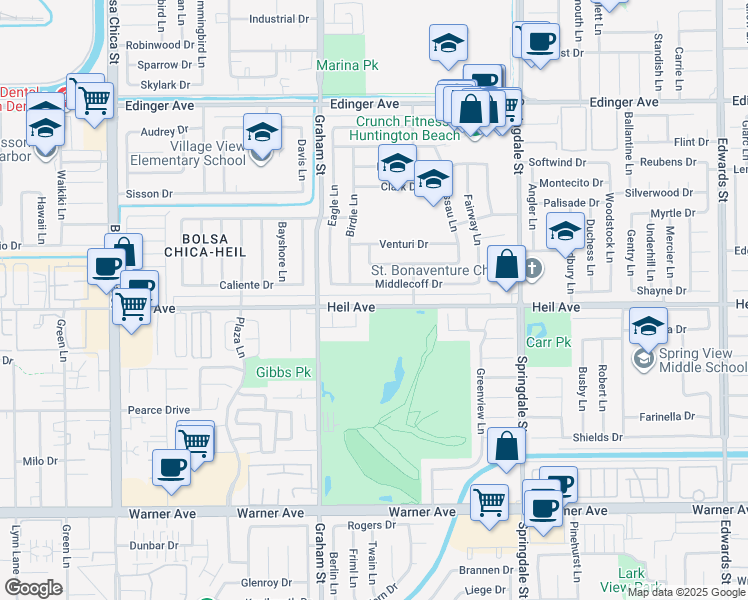 map of restaurants, bars, coffee shops, grocery stores, and more near 5631 Heil Avenue in Huntington Beach