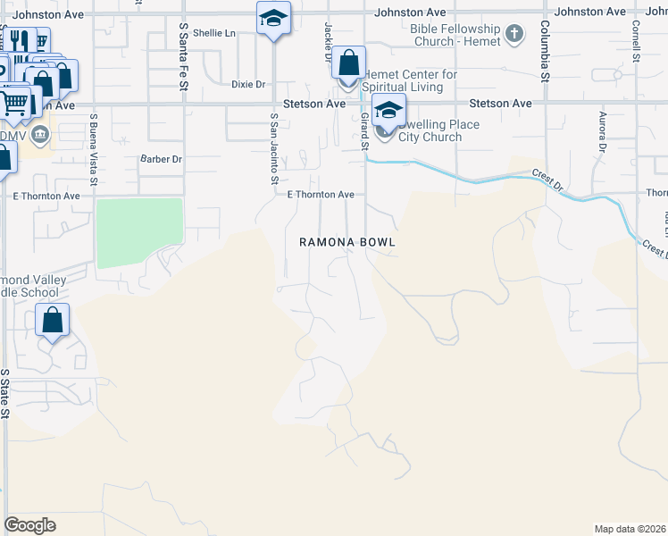 map of restaurants, bars, coffee shops, grocery stores, and more near 27411 Big Springs Ranch Road in Hemet