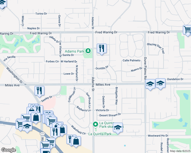 map of restaurants, bars, coffee shops, grocery stores, and more near 79065 Ladera Drive in La Quinta