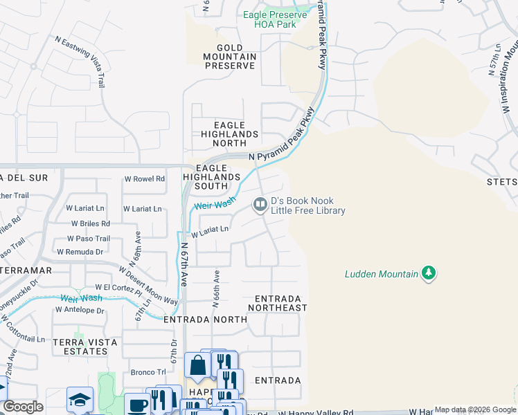 map of restaurants, bars, coffee shops, grocery stores, and more near 6405 West Briles Road in Phoenix