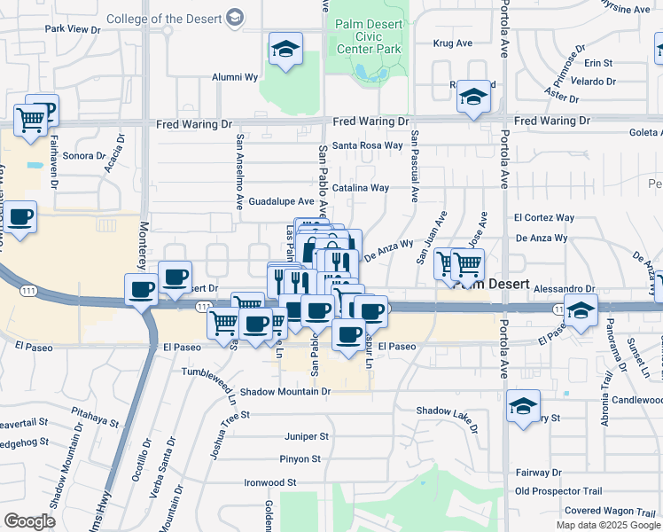map of restaurants, bars, coffee shops, grocery stores, and more near 44790 San Pablo Avenue in Palm Desert