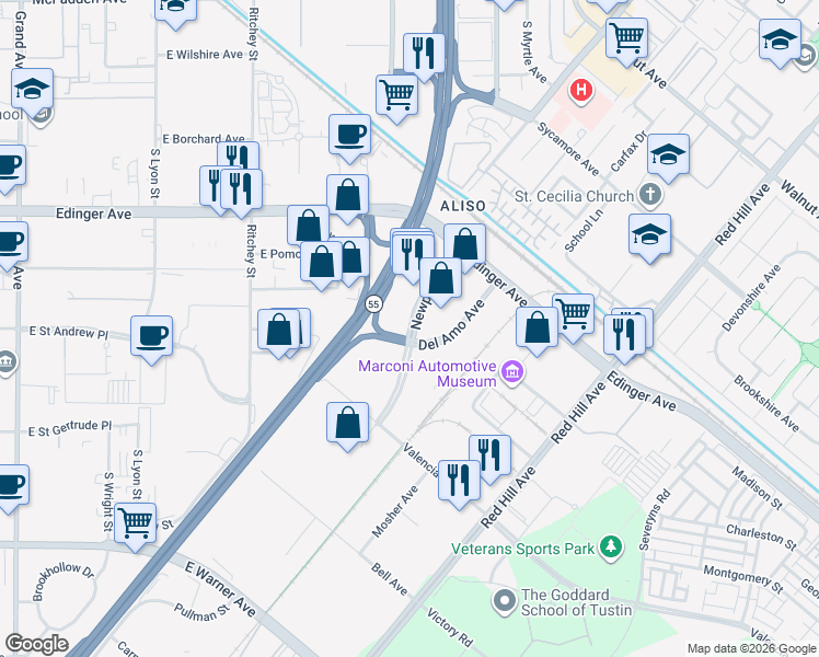 map of restaurants, bars, coffee shops, grocery stores, and more near 14802 Newport Avenue in Tustin
