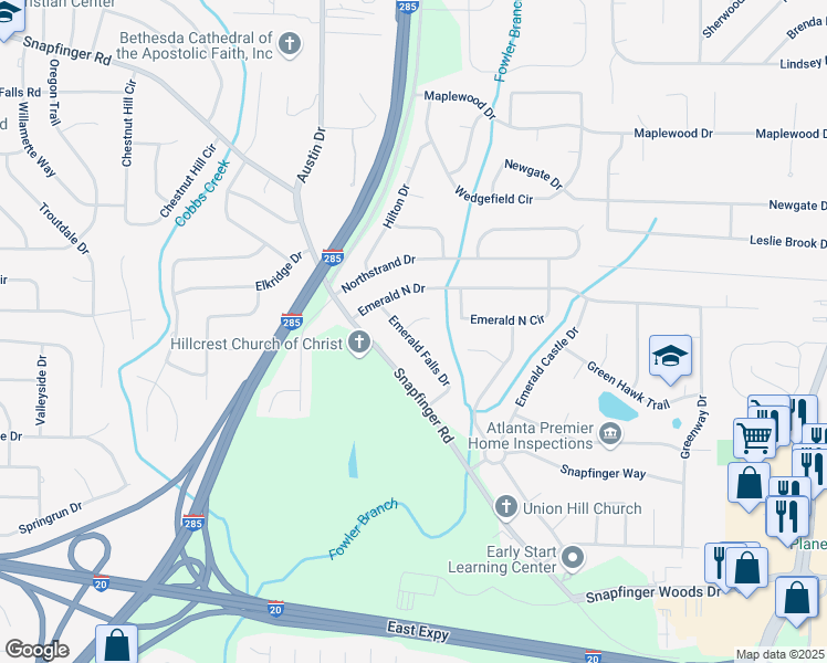 map of restaurants, bars, coffee shops, grocery stores, and more near 2294 Emerald Falls Drive in Decatur