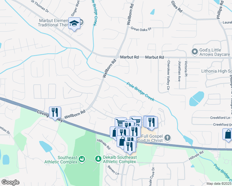 map of restaurants, bars, coffee shops, grocery stores, and more near 2235 Cody Court in Lithonia
