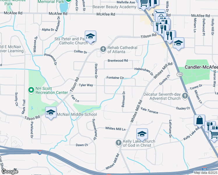 map of restaurants, bars, coffee shops, grocery stores, and more near 2473 Tyler Way in Decatur