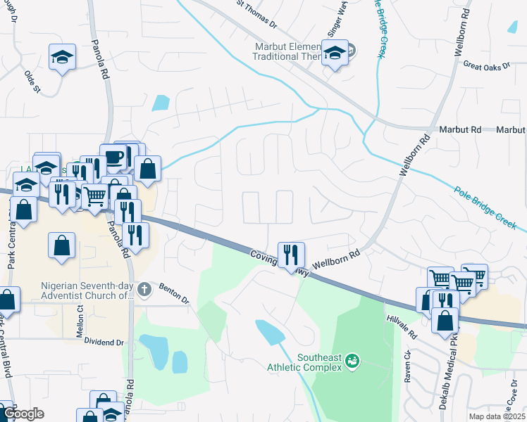 map of restaurants, bars, coffee shops, grocery stores, and more near 5547 Strathmoor Manor Circle in Lithonia
