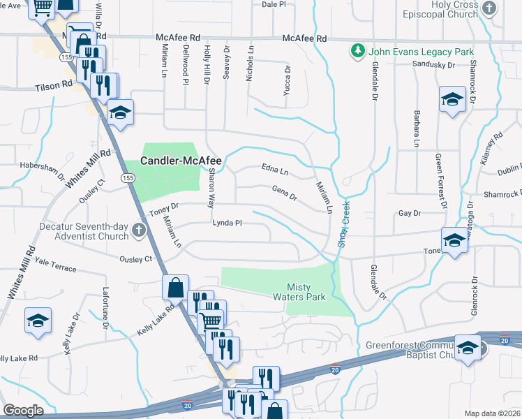 map of restaurants, bars, coffee shops, grocery stores, and more near 2925 Toney Drive in Decatur