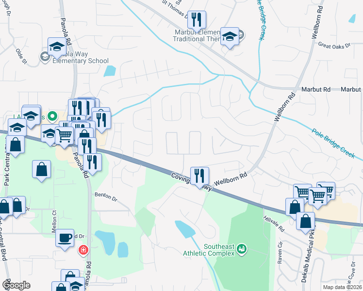 map of restaurants, bars, coffee shops, grocery stores, and more near 5549 Strathmoor Manor Circle in Lithonia