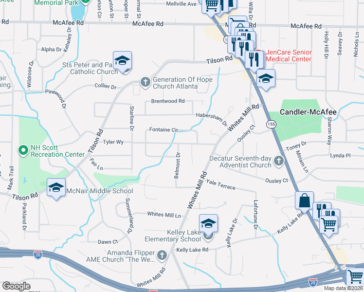 map of restaurants, bars, coffee shops, grocery stores, and more near 2283 Belmont Drive in Decatur
