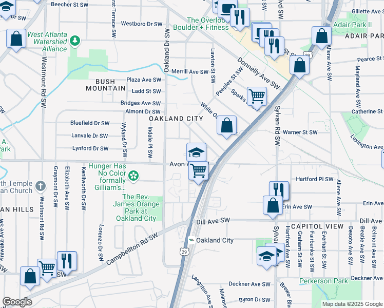 map of restaurants, bars, coffee shops, grocery stores, and more near 1174 Princess Avenue Southwest in Atlanta