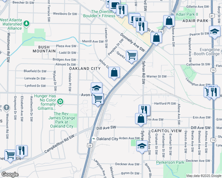 map of restaurants, bars, coffee shops, grocery stores, and more near in Atlanta