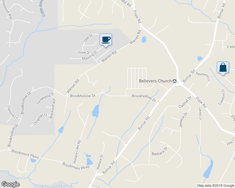 map of restaurants, bars, coffee shops, grocery stores, and more near 3760 Brookhollow Drive in Douglasville