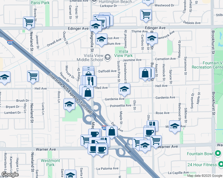 map of restaurants, bars, coffee shops, grocery stores, and more near 16515 Teak Circle in Fountain Valley