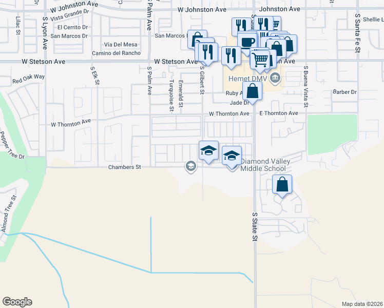 map of restaurants, bars, coffee shops, grocery stores, and more near 1444 Saint Croix Drive in Hemet