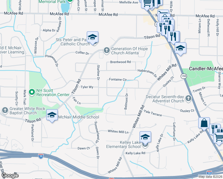 map of restaurants, bars, coffee shops, grocery stores, and more near 2461 Tyler Way in Decatur