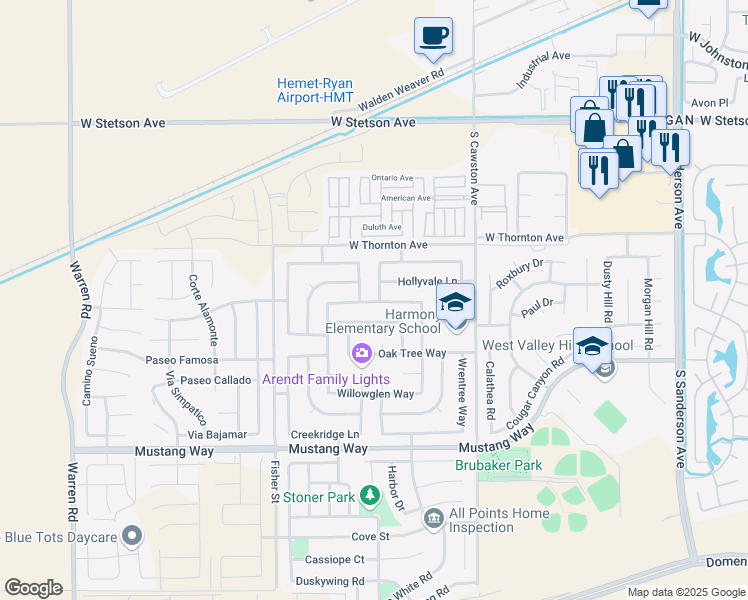 map of restaurants, bars, coffee shops, grocery stores, and more near 1423 Plumwood Ln in Hemet