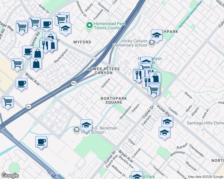 map of restaurants, bars, coffee shops, grocery stores, and more near 27 Galena in Irvine