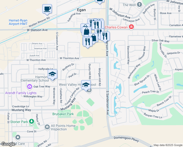 map of restaurants, bars, coffee shops, grocery stores, and more near 1446 Dusty Hill Road in Hemet