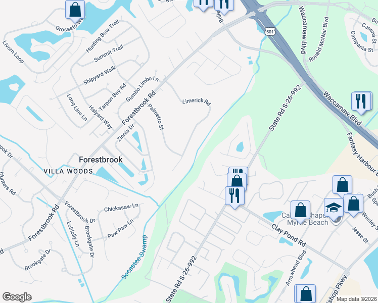 map of restaurants, bars, coffee shops, grocery stores, and more near 3700 Limerick Road in Myrtle Beach