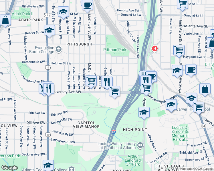 map of restaurants, bars, coffee shops, grocery stores, and more near 1166 Garibaldi Street Southwest in Atlanta