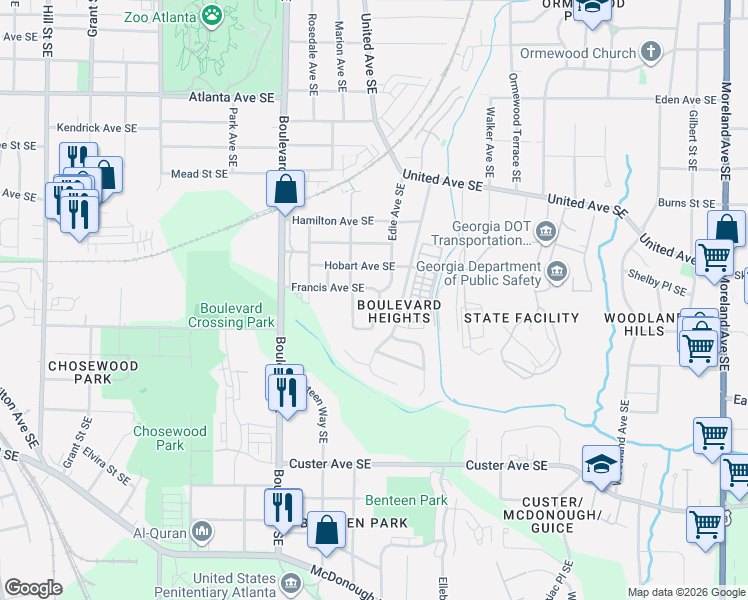 map of restaurants, bars, coffee shops, grocery stores, and more near 1171 Edie Avenue Southeast in Atlanta