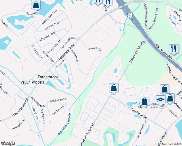 map of restaurants, bars, coffee shops, grocery stores, and more near 3700 Limerick Road in Myrtle Beach