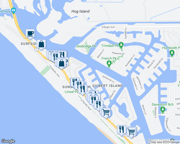 map of restaurants, bars, coffee shops, grocery stores, and more near 3342 Bounty Circle in Huntington Beach