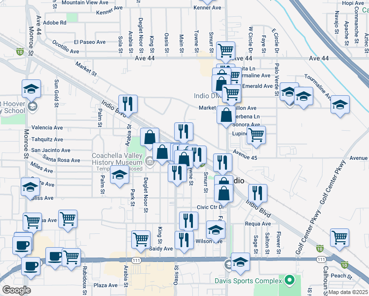 map of restaurants, bars, coffee shops, grocery stores, and more near 82720 Indio Boulevard in Indio