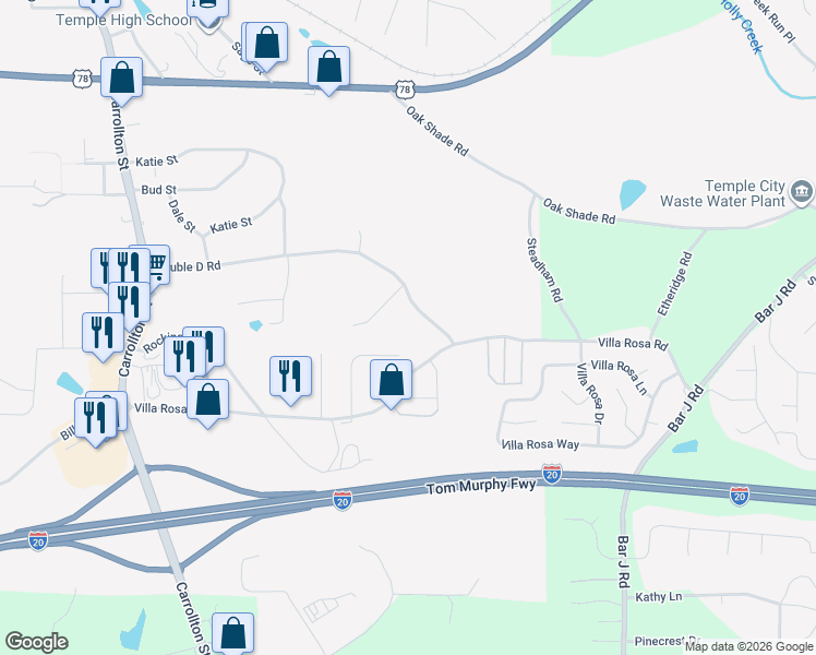map of restaurants, bars, coffee shops, grocery stores, and more near 375 Double D Road in Temple