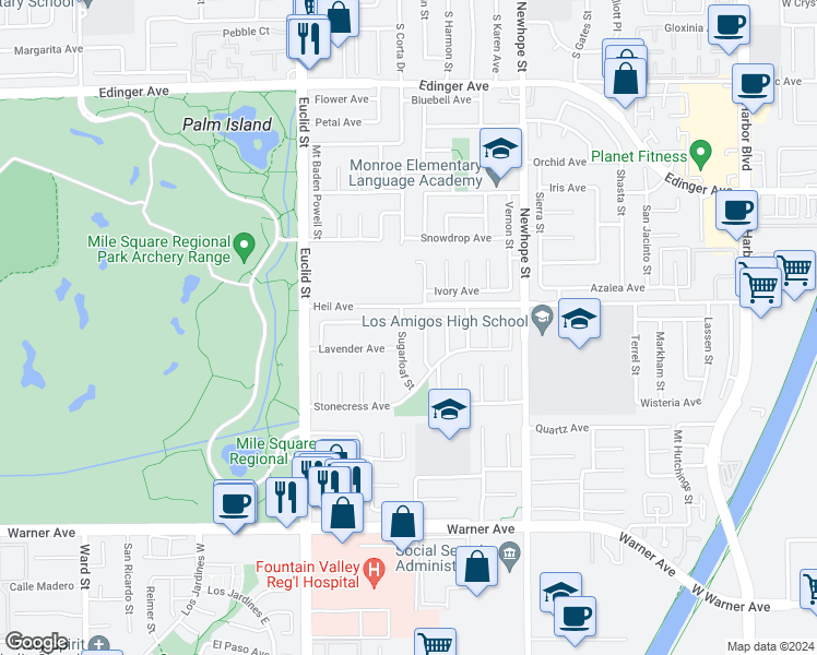 map of restaurants, bars, coffee shops, grocery stores, and more near 16550 Sugarloaf Street in Fountain Valley