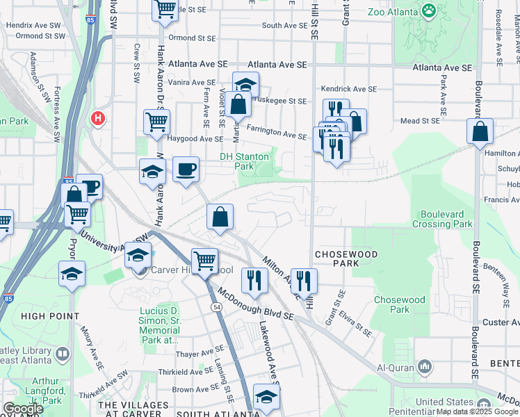 map of restaurants, bars, coffee shops, grocery stores, and more near 1195 Milton Terrace Southeast in Atlanta