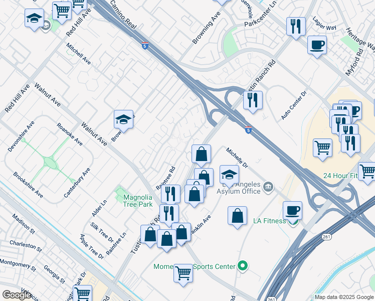 map of restaurants, bars, coffee shops, grocery stores, and more near 2374 Dahlia Drive in Tustin
