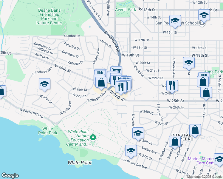 map of restaurants, bars, coffee shops, grocery stores, and more near 2490 South Western Avenue in Los Angeles