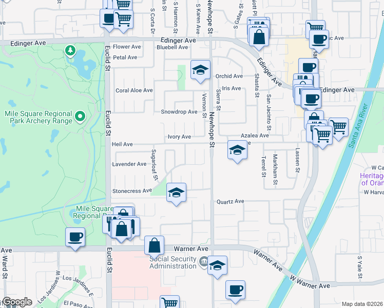 map of restaurants, bars, coffee shops, grocery stores, and more near 16551 Mount Cook Circle in Fountain Valley